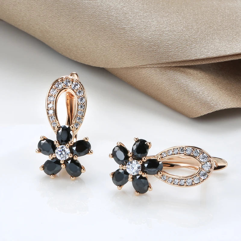 Wbmqda Luxury Black Crystal Flower Pendant 585 Rose Gold Color Natural Zircon Drop Earrings For Women Wedding Party Fine Jewelry