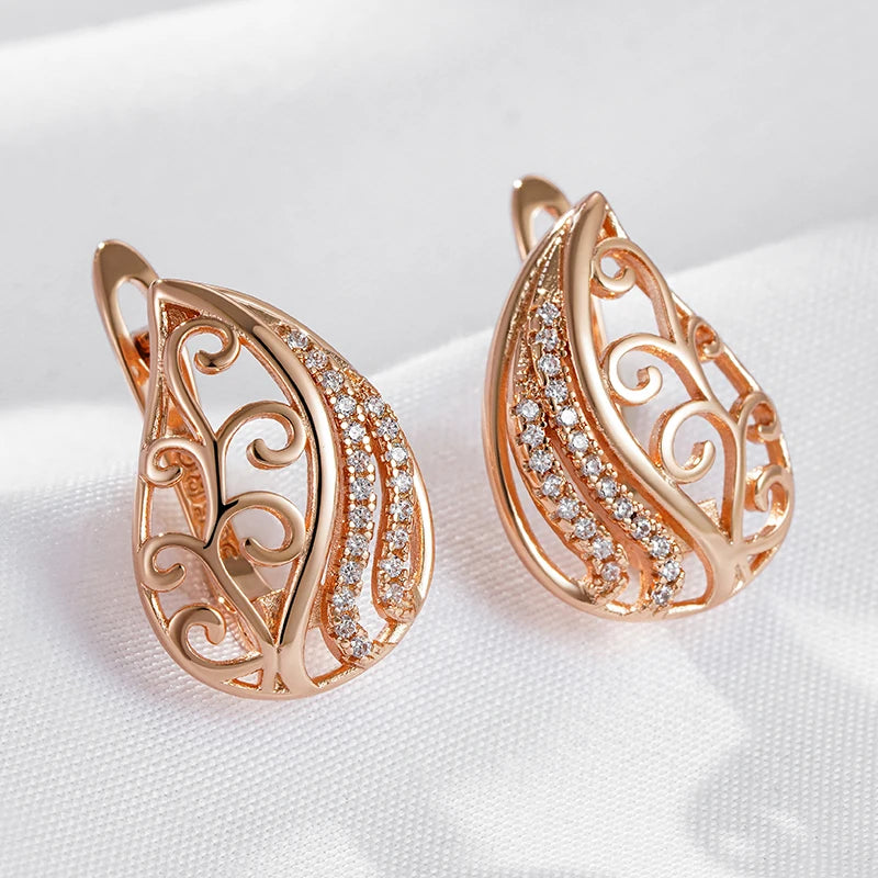 Wbmqda Classic Leaf Hollow Drop Earrings For Women 585 Rose Gold Color Natural Zircon Setting High Quality Daily Fine Jewelry