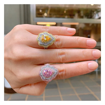 SUYU New Fashion Retro Flower Open Ring 2024 Spring Micro Set Pink Zircon Retro Creative Ring Fashion Party Jewelry Gifts