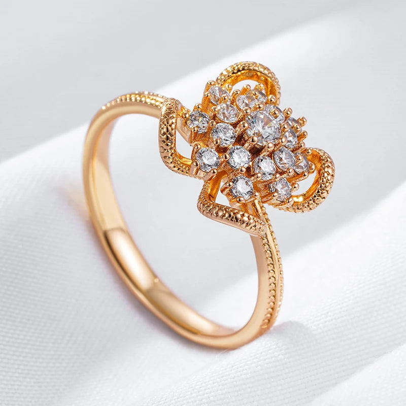 Kinel New 585 Rose Gold Color Hollow Flower Rings for Women Shiny Natural Zircon Accessories Unusual Ethnic Wedding Jewelry