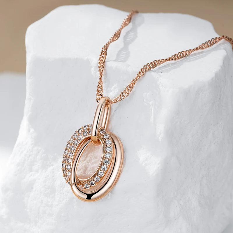 Wbmqda Fashion Double Hoop Zircon Pendant And Necklace For Women 585 Rose Gold Color 2023 Trending Neck Chain Jewelry Gifts