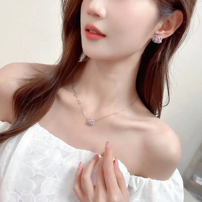 SUYU New Jewelry Women's Rose Series Pink Zircon Pendant Earrings Light Luxury Small And Versatile Collar Chain