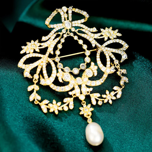 SUYU 2023 Palace Style Crown Brooch With Long Tassel Micro Inlaid Zircon Elegant Simulation Pearl Clasp