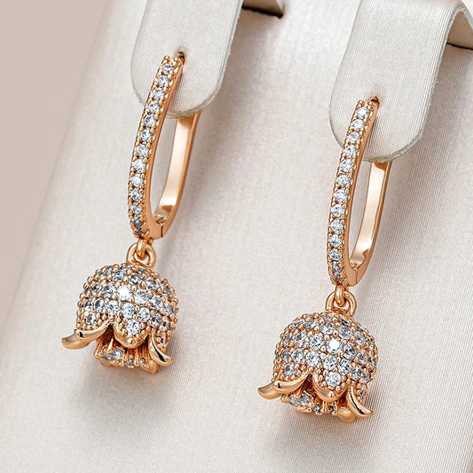 Kienl Hot Full Shiny Natural Zircon Long Drop Earring for Women 585 Rose Gold Color Unique Crystal Flower Daily Vintage Jewelry