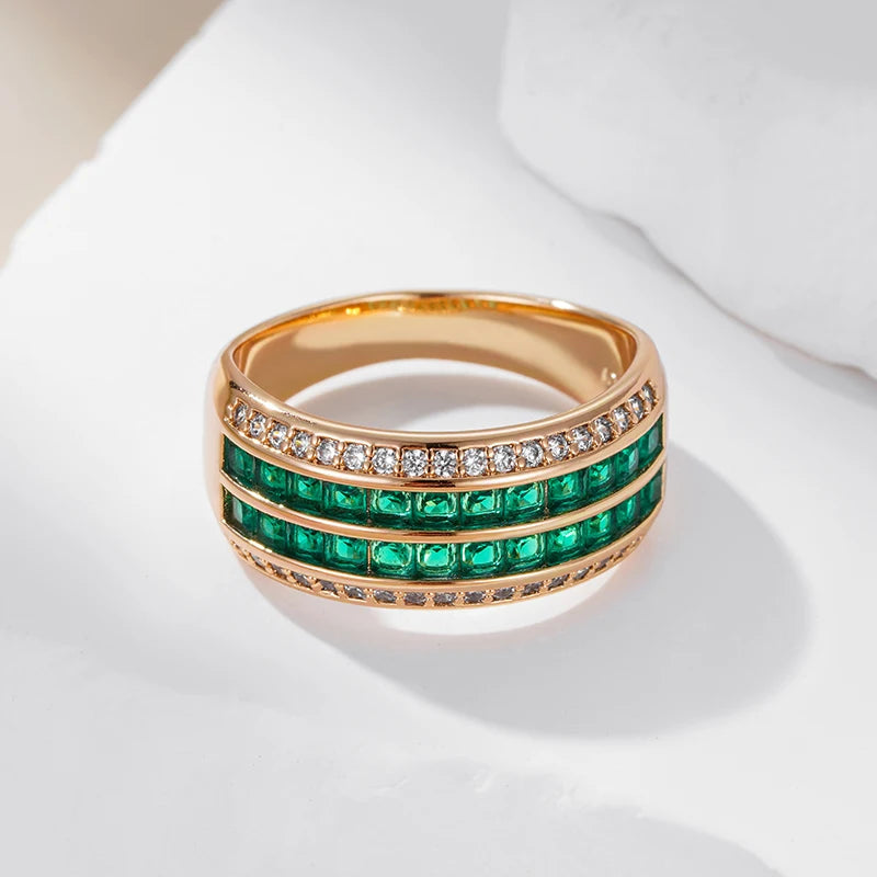 Wbmqda Luxury Retro Green Natural Zircon Big Ring For Women 585 Rose Gold Color Fine Wedding Party Antique Jewelry Accessories