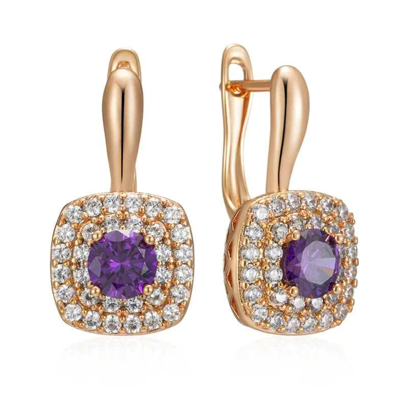 Wbmqda Luxury Purple Women's Drop Earrings 585 Rose Gold Color Full Stones Setting Shiny Wedding Party Fine Jewelry