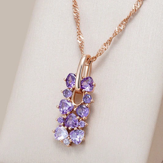 Kinel 2023 New 585 Rose Gold Color Crystal Flower Pendant Necklace for Women Purple Natural Zircon Accessories Vintage Jewelry