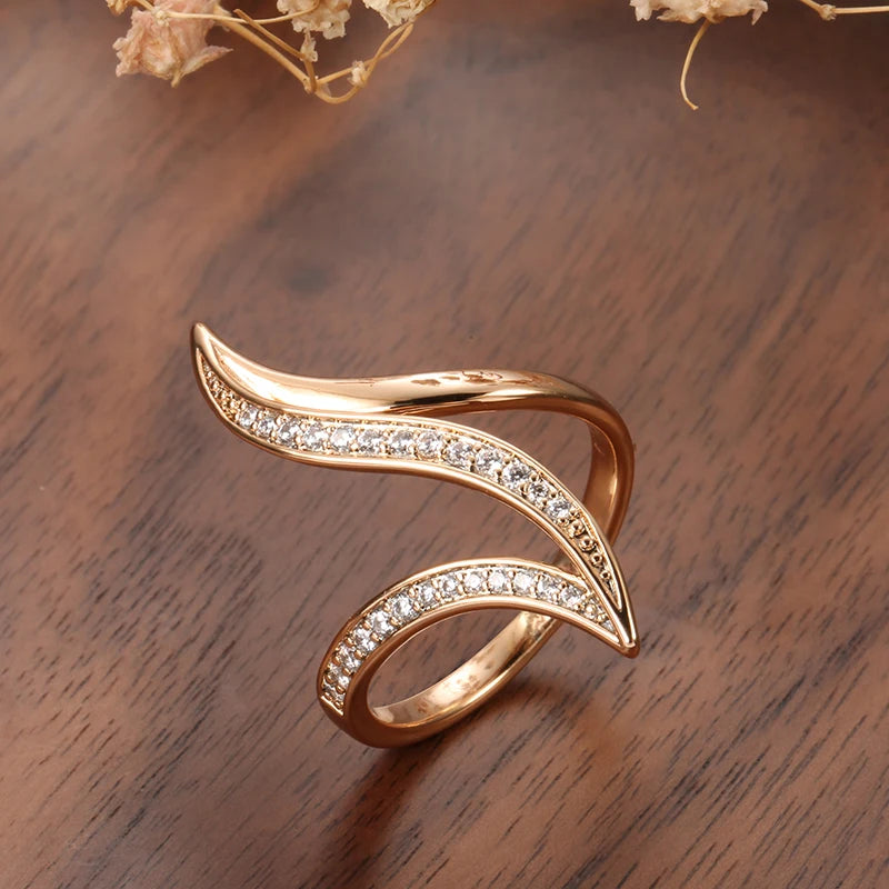 Wbmqda New Fashion Geometric Curve Zircon Ring For Women 585 Rose Gold Color Luxury Elegant Daily Fine Jewelry Accessories