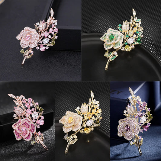 SUYU Luxury Copper Micro Inlaid Cubic Zirconia Rose Women's Brooch Dinner Dress Accessories