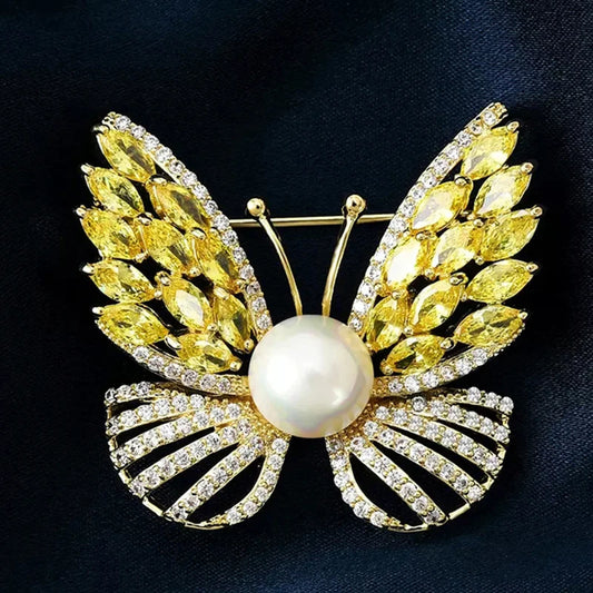 SUYU Shiny Cubic Zirconia Butterfly Brooch Design Of Advanced Women's Imitation Pearl Brooch