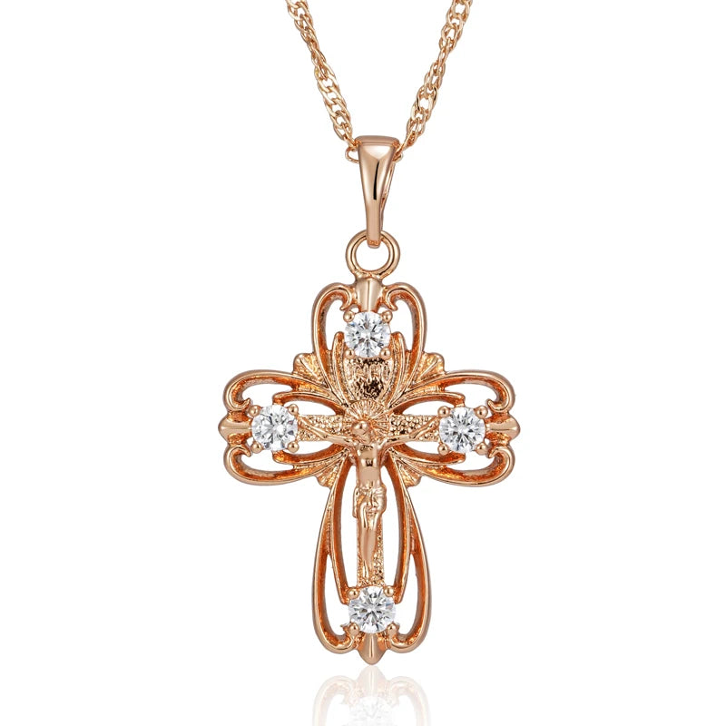 Kinel Hot 585 Rose Gold Color Orthodox Church Cross Pendant Necklace For Women Natural Zircon Accessories Crucifix Jesus Jewelry