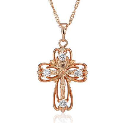 Kinel Hot 585 Rose Gold Color Orthodox Church Cross Pendant Necklace For Women Natural Zircon Accessories Crucifix Jesus Jewelry