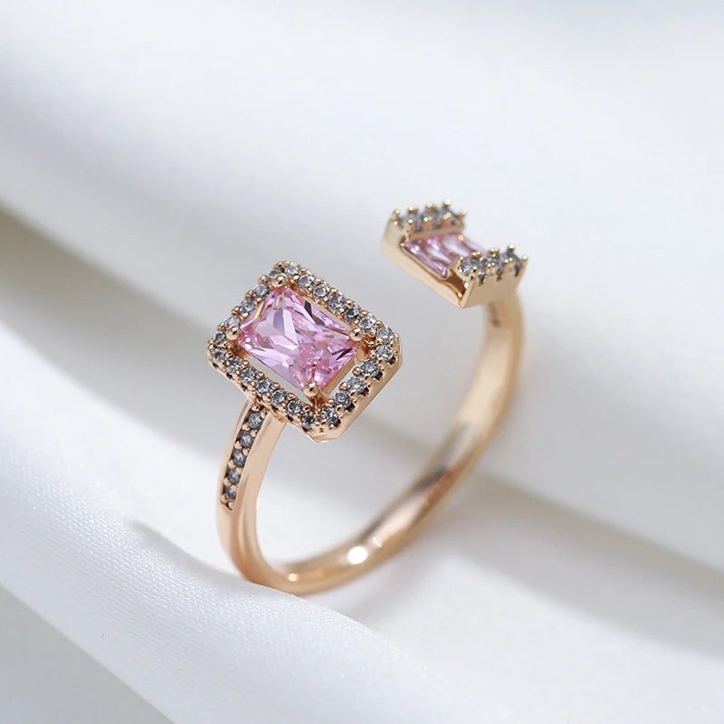 Kinel Hot Square Pink Natural Zircon Open Rings For Women Luxury 585 Rose Gold Color Bride Wedding Party Daily Jewelry