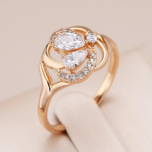 Kinel Hot Crystal Flower Women's Ring Shiny White Natural Zircon 585 Rose Gold Color Bride Party Daily Jewelry Girl Best Gift