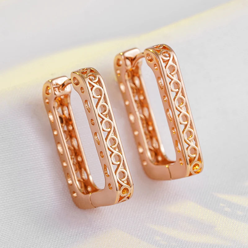 Wbmqda New Fashion Design 585 Rose Gold Color Square Hollow Hoop Earrings For Women Exquisite Grain Engraving Daily Fine Jewelry