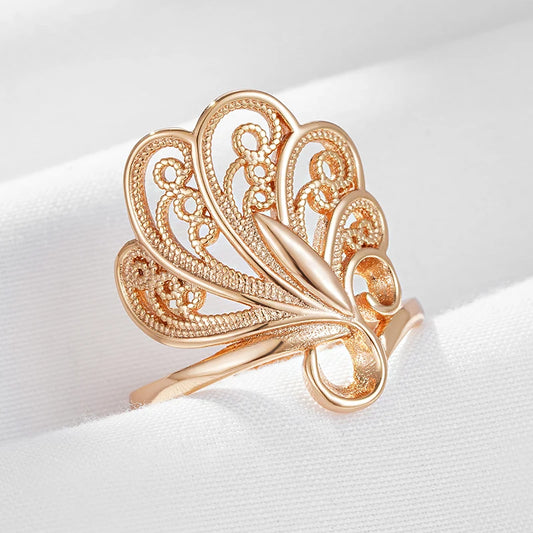 Wbmqda 585 Rose Gold Color Glossy Peacock Feather Shape Ring For Women Exquisite Floral Engraving Fashion Elegant Ethnic Jewelry