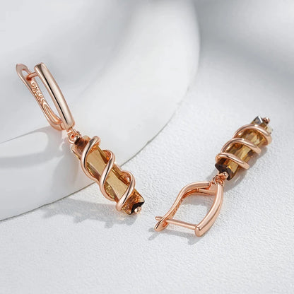 Wbmqda Unique Brown Long Drop Earrings For Women 585 Rose Gold Color Fashion Jewelry Accessories