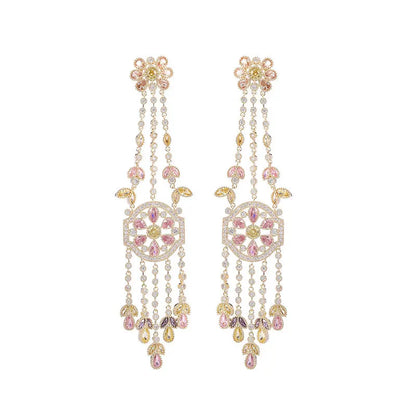 Exaggerated Earrings With Colorful Cubic Zirconia Flower Long Droplet Tassel Earrings