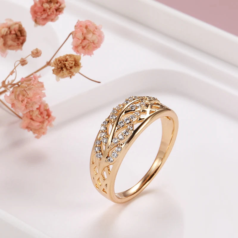 Wbmqda Elegant Hollow Leaf Rings For Women 585 Rose Gold Color With White Natural Zircon High Quality Daily Fine Jewelry