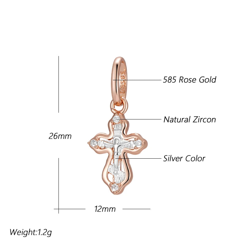 Kinel Luxury Orthodox Church Cross Small Pendant Necklace For Women 585 Rose Gold Color Natural Zircon Jesus Charm Daily Jewelry