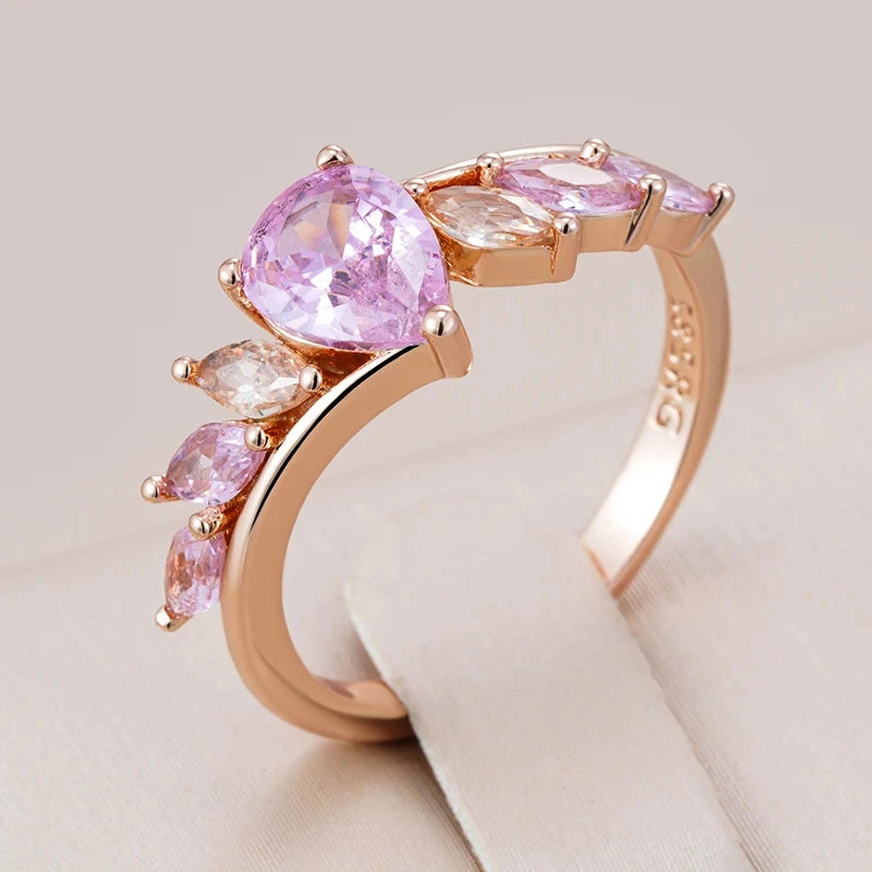 Wbmqda Shiny Pink Stone Ring For Women 585 Rose Gold Color Unique Jewelry Accessories