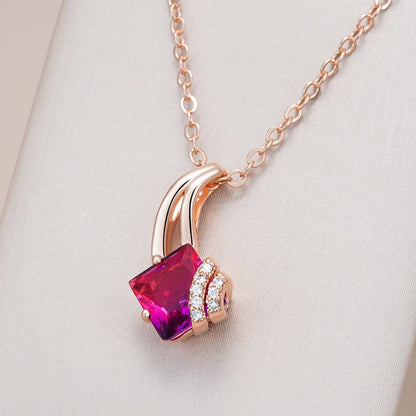 Kinel Hot Square Red Natural Zircon Pendant Necklace for Women Fashion 585 Rose Gold Color Pendant Wedding Jewelry Crystal Gift