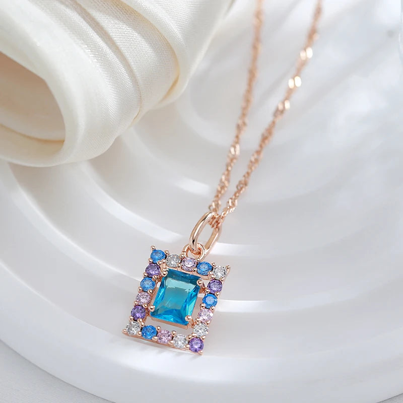 Kienl Fashion 585 Rose Gold Color Square Pendant Necklace for Women Blue Natural Zircon Accessories High Quality Daily Jewelry