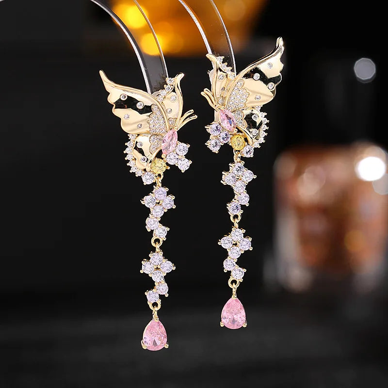 Micro Inlaid Cubic Zirconia Exaggerated Atmospheric Earrings Long Style Butterfly Water Drop Earrings