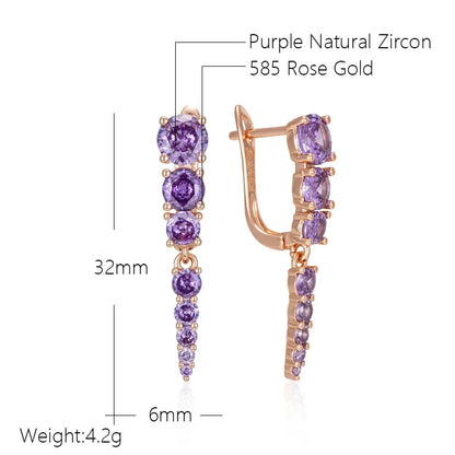 Wbmqda Sparkling Purple Stone Tassel Drop Earrings For Women 585 Rose Gold Color With Natural Zircon Luxury Ethnic Jewelry Gifts