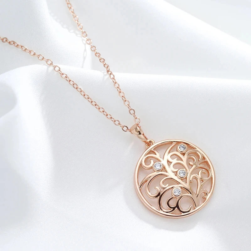 Kinel Hot 585 Rose Gold Color Crystal Flower Pendant Necklace For Women Shiny Natural Zircon Unusual Creative Daily Fine Jewelry