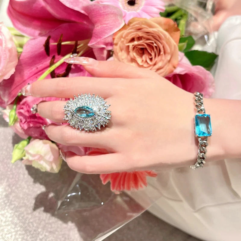 Can Ruo Xing River Blue Simulated Crystal Butterfly Brooch Gradient Cubic Zirconia Crab Ring Jewelry