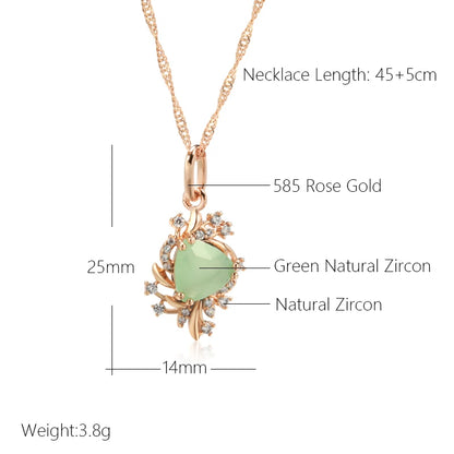 Kinel Trend Crystal Flower Pendant Necklace for Women 585 Rose Gold Color Green Natural Zircon Accessories Fine Daily Jewelry