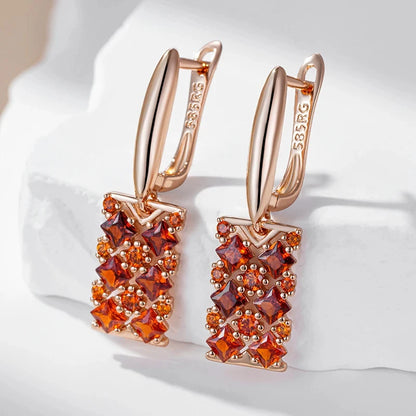 Wbmqda Luxury Red Natural Zircon Long Drop Earrings For Women 585 Rose Gold Color Wedding Party Fashion Dubai Jewelry