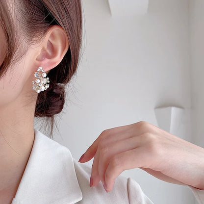 SUYU Earrings With Hollowed Out Half Rings And Simulated Pearl Shell White Flower Earrings