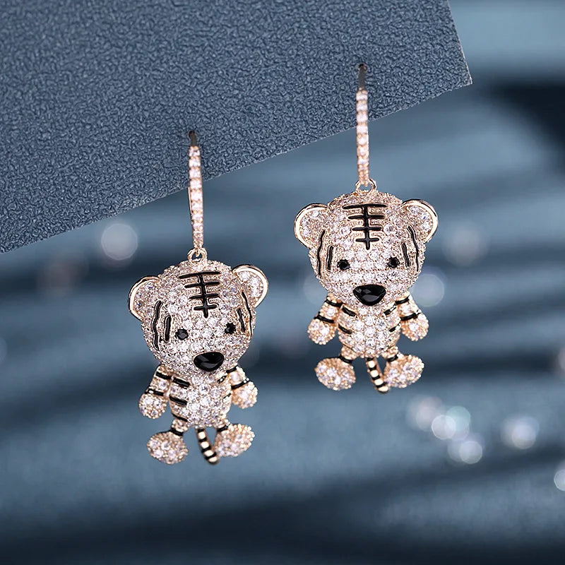 Cute Twelve Zodiac Creativity Earrings Inlaid With Cubic Zirconia Fashionable And Personalized Little Tiger Earrings