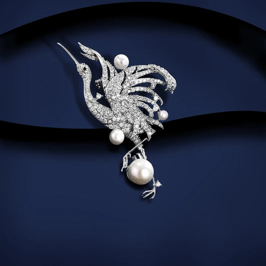 SUYU Autumn New Simulated Pearl Crane Brooch Elegant and Elegant Cubic Zirconia Versatile Men's and Women's Pins