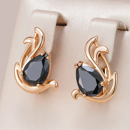 Wbmqda Elegant Black Natural Zircon Drop Earrings For Women 585 Rose Gold Color Simple Geometric Design Daily Match Fine Jewelry