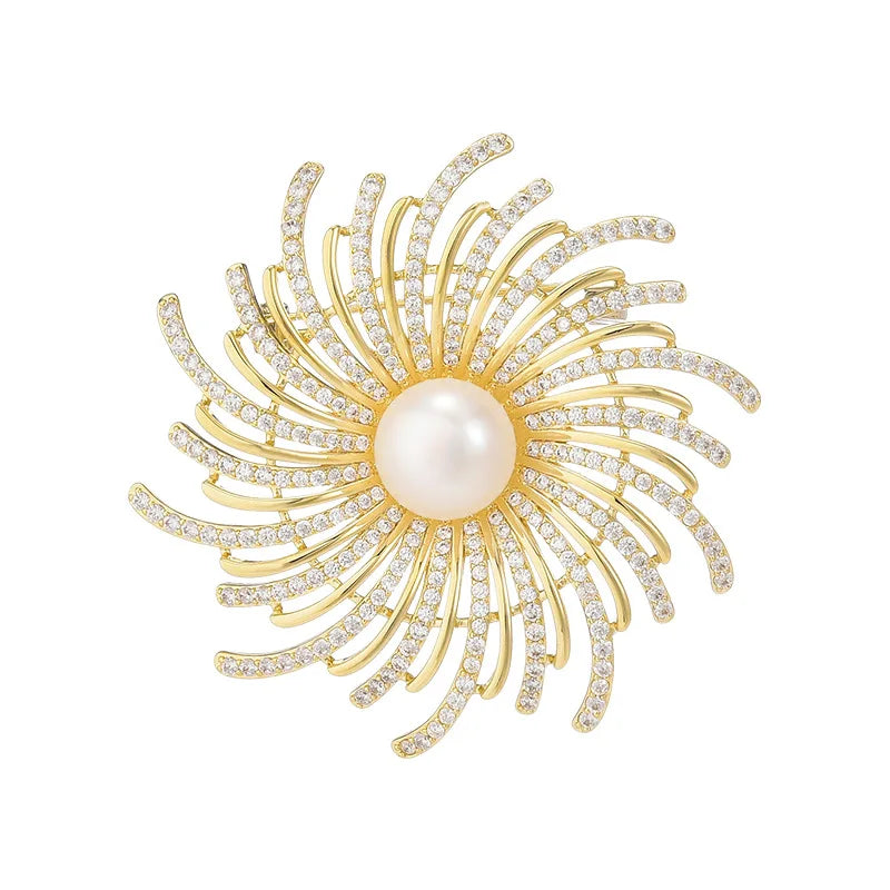 SUYU Imitation pearl Like Rotating Copper Micro Inlaid Cubic Zirconia Flower Brooch Clothing Coat Accessories