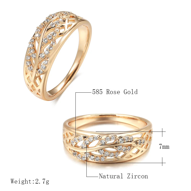 Wbmqda Elegant Hollow Leaf Rings For Women 585 Rose Gold Color With White Natural Zircon High Quality Daily Fine Jewelry