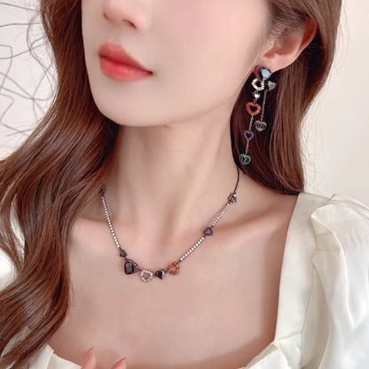 SUYU Women's Light Luxury Necklace Fashionable Collarbone Chain Earrings Zirconia Micro Inlaid Hollow Heart Tassel Jewelry Set