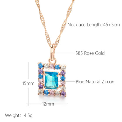 Kienl Fashion 585 Rose Gold Color Square Pendant Necklace for Women Blue Natural Zircon Accessories High Quality Daily Jewelry