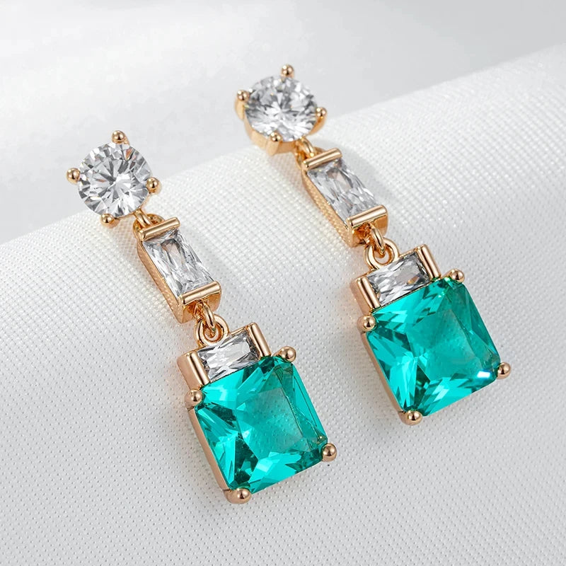 Wbmqda Unique Green Square Zircon Stud Earring For Women 585 Rose Gold Color Luxury Fashion Wedding Party Jewelry