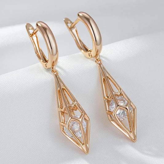 Wbmqda Hollow Rhombus Long Drop Earrings For Women 585 Rose Gold Color With Cubic Zircon Ethnic Wedding Jewelry Accessories