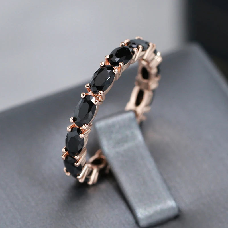 Wbmqda Unique Black Crystal Stone Ring For Women 585 Rose Gold Color Full Zircon Setting Luxury Fashion Jewelry Accessories