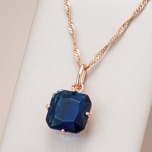 Kinel Luxury Square Blue Natural Zircon Pendant Necklace For Women Fashion 585 Rose Gold Color Fine Daily Ethnic Bride Jewelry