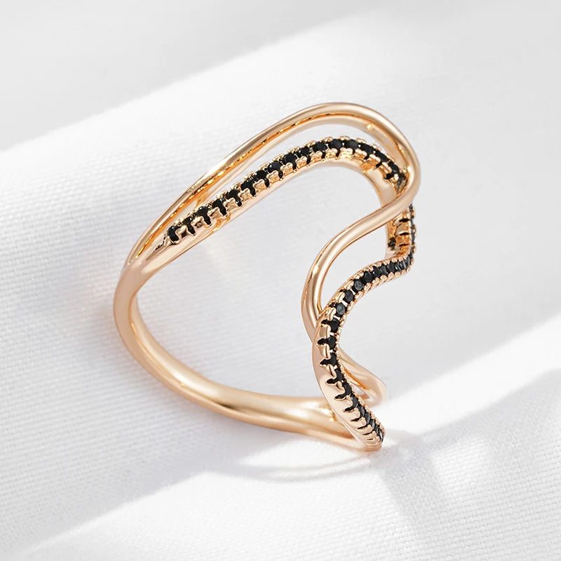 Wbmqda Unique Black White Natural Zircon Ring For Women 585 Rose Gold Color Trendy Geometric Twisted Design Daily Fine Jewelry