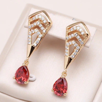 Wbmqda Luxury Elegant Red Natural Zircon Drop Earrings For Women 585 Rose Gold Color Ethnic Bride Wedding Party Fine Jewelry