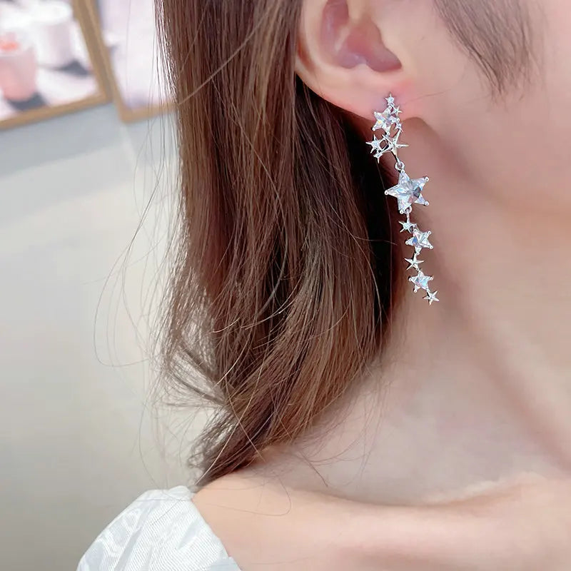 Earrings Shining Star Temperament Pentagram Cubic Zirconia Long Meteor Earrings