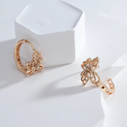 Wbmqda Hollow Metal Flower Hoop Earrings For Women 585 Rose Gold Color With White Natural Zircon Fashion Daily Fine Jewelry Gift