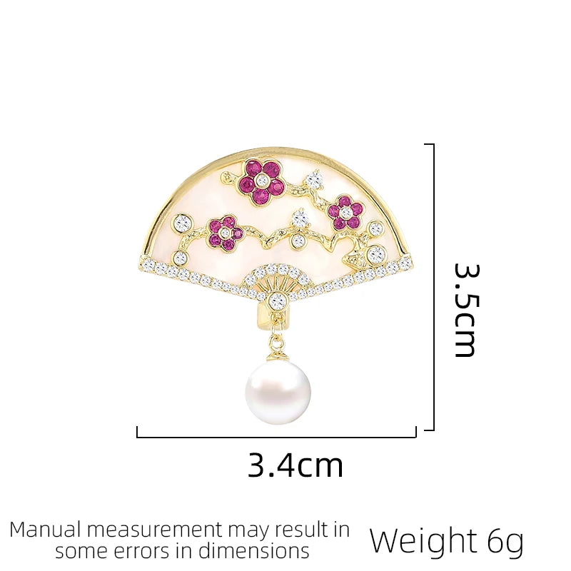 SUYU Peach Blossom Fan Brooch Women's Exquisite Elegant Brooch Coat Cheongsam Pin Sweater Accessorie